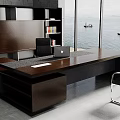 Modern Dark Wooden Office Desk with Laptop and Black Leather Chair by Sea View Windows