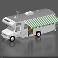 White RV With Green Striped Awning Roof Air Conditioner And Side Door
