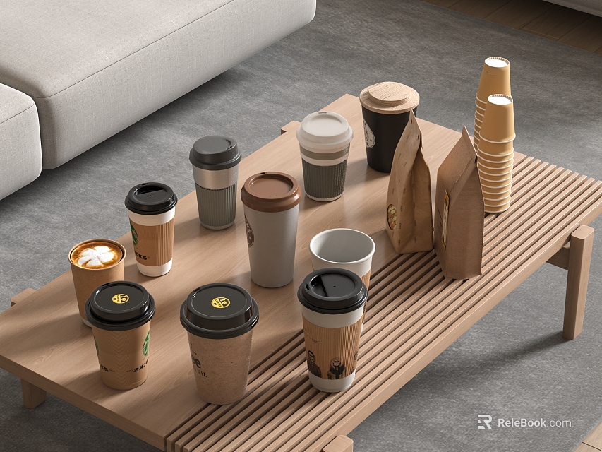 Various Types of Cups Including Coffee Cups With Lids and Paper Cups on Wooden Table 3d model 