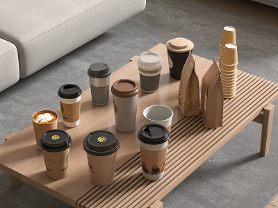 Various Types of Cups Including Coffee Cups With Lids and Paper Cups on Wooden Table 3d model