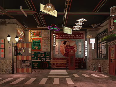 Vintage Old Shanghai Commercial Street With Neon Signs And Retro Decorations 3d model