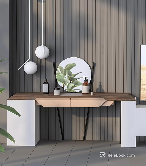 Modern Dressing Table With Wooden Countertop Round Mirror Green Plant Print And Skincare Bottles 3d model 
