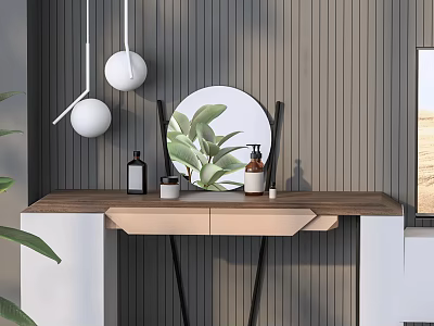 Modern Dressing Table With Wooden Countertop Round Mirror Green Plant Print And Skincare Bottles 3d model