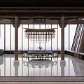 Modern Restaurant Interior With Large Windows Chandelier Columns And City View Dining Table