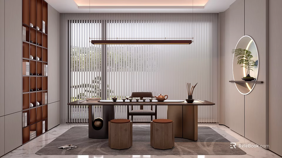Modern Tea Room Interior Design With Long Table Small Stools Bookshelf Blinds And Tea Sets 3d model