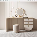 Modern Elegant Dressing Table With Round Lighted Mirror Gold Trim And Beige Stool 3d model