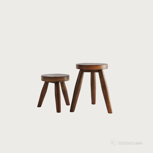 Modern Set of Two Wooden Round Three Legged Stools for Home Furniture 3d model 