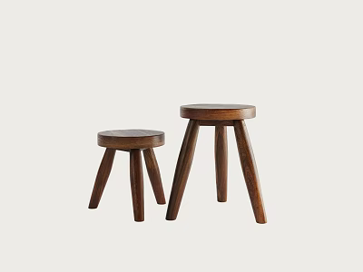 Modern Set of Two Wooden Round Three Legged Stools for Home Furniture 3d model