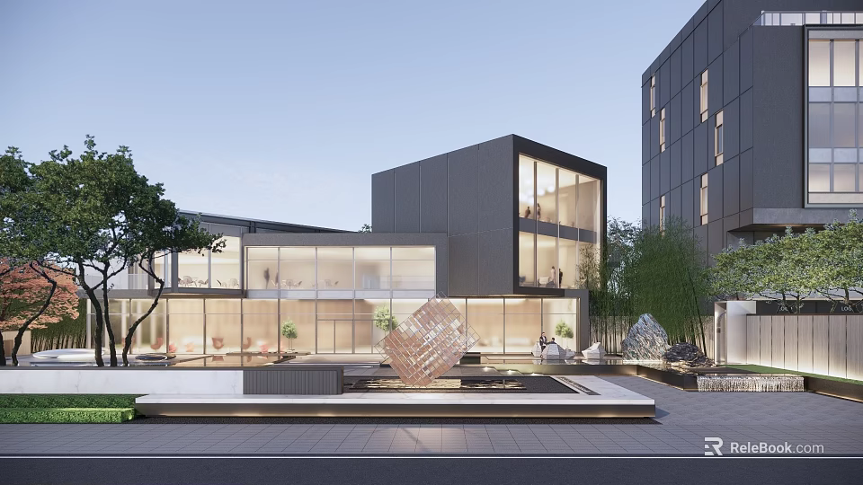 Modern Sales Office Building With Glass Curtain Wall And Courtyard Landscape 3d model 