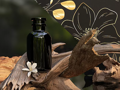 Luxury Perfume Cosmetics Black Bottle With White Flower On Wooden Driftwood And Golden Patterns Background 3d model