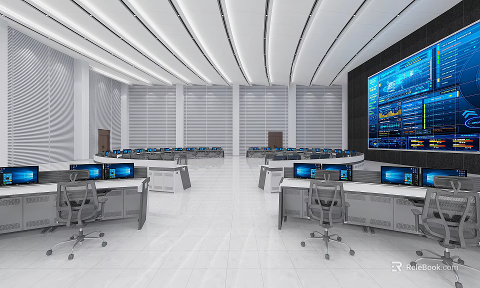 Modern Control Room Interior With Large Digital Screens Control Desks And Office Chairs 3d model 