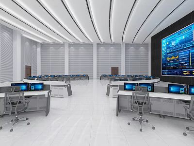 Modern Control Room Interior With Large Digital Screens Control Desks And Office Chairs 3d model