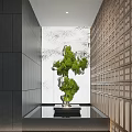 Green Sculpture Indoor Decor with Black Wall Bamboo Pattern Background and Wooden Lattice