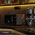 Modern Bar Interior With Black Counter High Stools Large Windows Warm Lighting And City View 3d model