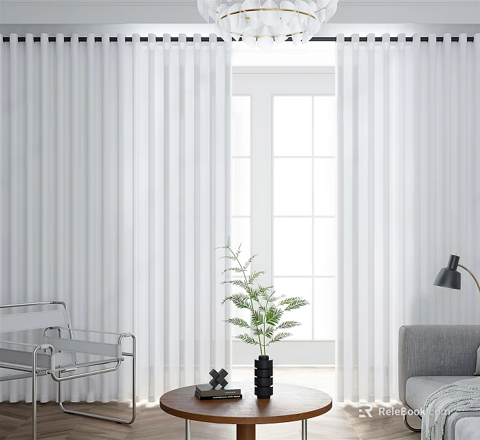 White Sheer Curtains In Modern Living Room With Furniture Plant And Lamp 3d model 