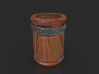 Wooden Cylindrical Storage Container With Intricate Metal Decorative Band 3d model