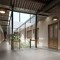 Spacious Traditional Chinese Elevator Hallway with Wooden Ceiling Lantern Lights Glass Doors and Green Plants