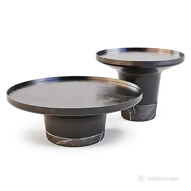 Modern Two Round Coffee Tables With Black Top And Marble Base Design 3d model