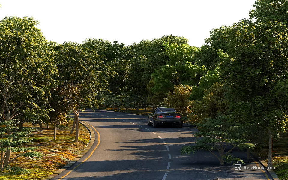 Sturdy Hinged Door Design For Residential Driveway With Green Trees And Car 3d model 