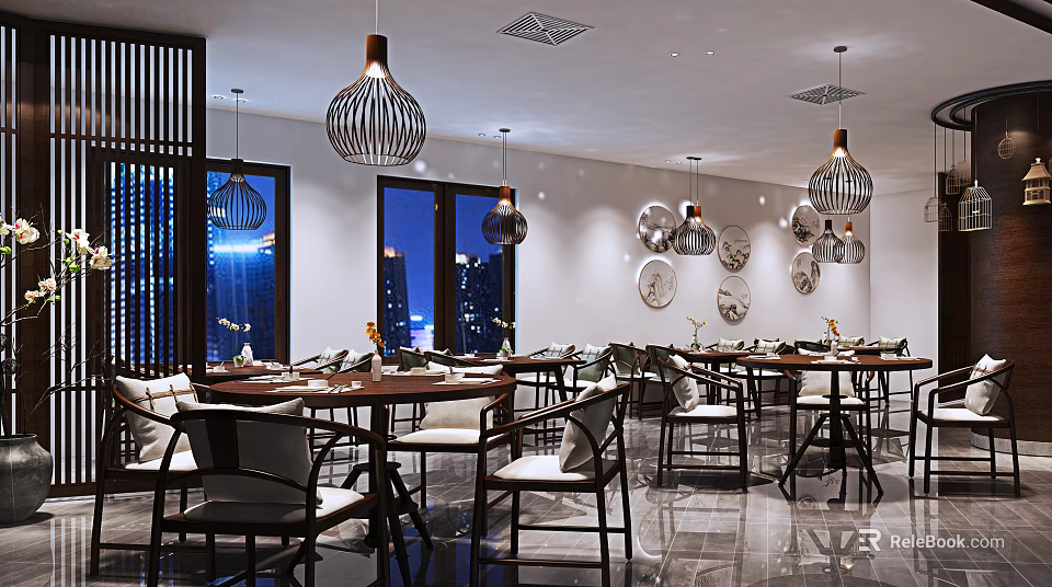 Elegant Modern Restaurant Interior With Dining Tables Chairs Pendant Lights And Wall Decorations 3d model 