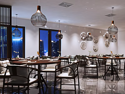 Elegant Modern Restaurant Interior With Dining Tables Chairs Pendant Lights And Wall Decorations 3d model