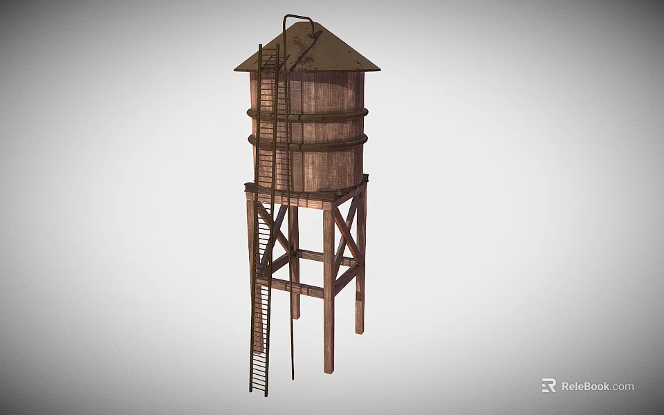 Wooden Water Tower With Cylindrical Storage Tank And Ladder Support Frame Structure 3d model 