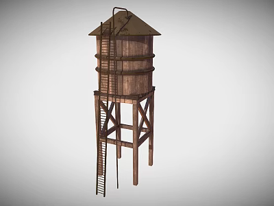 Wooden Water Tower With Cylindrical Storage Tank And Ladder Support Frame Structure 3d model