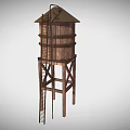 Wooden Water Tower With Cylindrical Storage Tank And Ladder Support Frame Structure