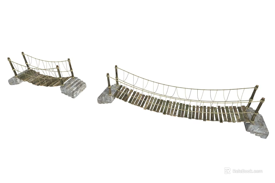 Outdoor Rope Bridge With Wooden Planks And Stone Supports In Natural Environment 3d model 