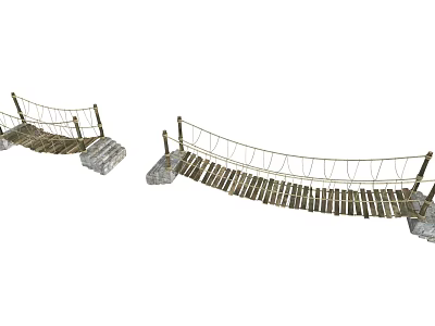 Outdoor Rope Bridge With Wooden Planks And Stone Supports In Natural Environment 3d model
