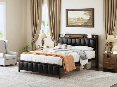 Cozy Bedroom Interior With Black Bed White Bedding Curtains And Wall Painting 3d model