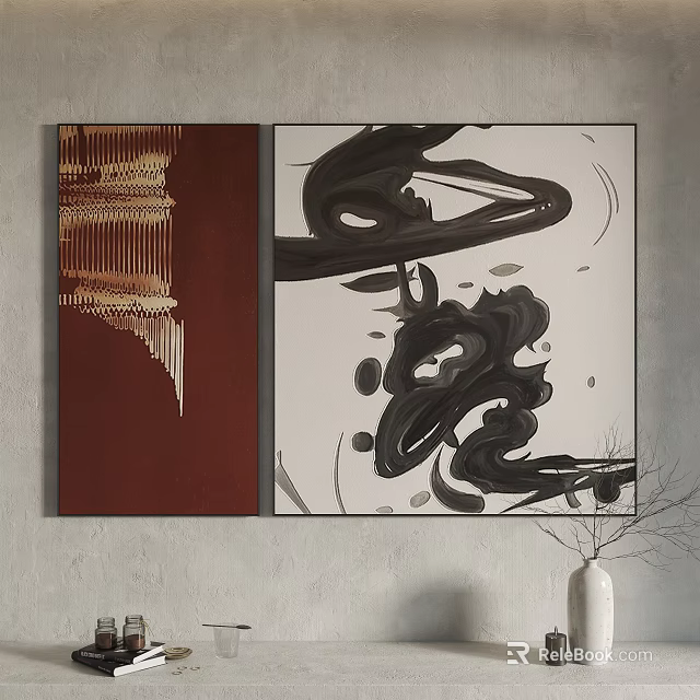 Abstract Paintings With Red Background Gold Lines And Black White Ink Patterns 3d model