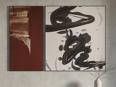 Abstract Paintings With Red Background Gold Lines And Black White Ink Patterns 3d model
