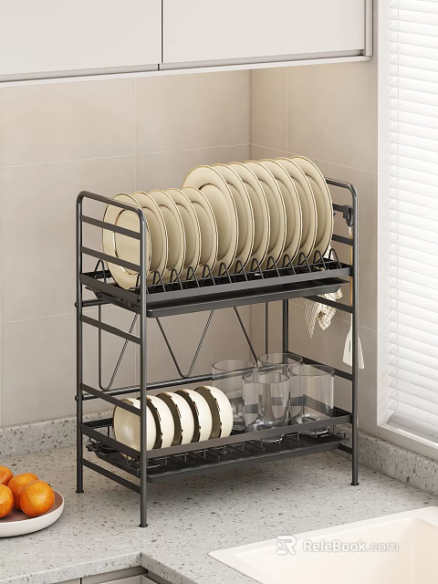Kitchen Cabinets With Black Multi Tier Dish Rack Plates Bowls Glasses Near Window 3d model 