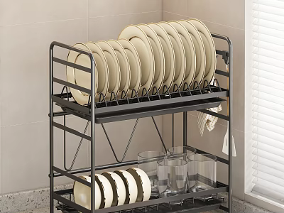 Kitchen Cabinets With Black Multi Tier Dish Rack Plates Bowls Glasses Near Window 3d model