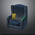 Elegant Blue Armchair With Yellow Bag And Green Cushion Accents