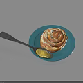 Appetizing Cinnamon Roll Placed on Blue Plate with Black Spoon and Sauce