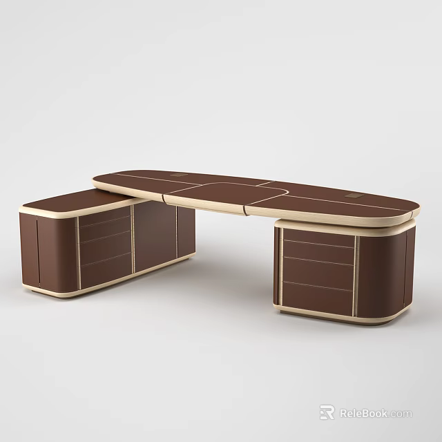 Modern Brown Leather Office Desk With Sleek Surface Gold Trim And Drawers 3d model 