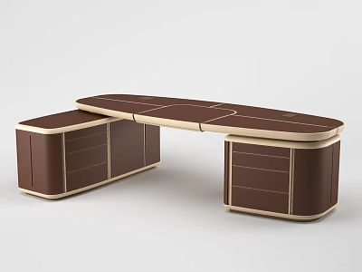Modern Brown Leather Office Desk With Sleek Surface Gold Trim And Drawers 3d model