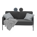 Modern Black Two Seater Sofa With Blue White Striped Pillows And Black White Geometric Blanket