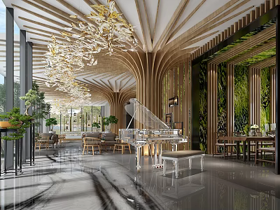 Elegant Modern Hotel Public Lounge Interior With Crystal Chandelier Green Plant Wall And Wooden Decorations 3d model