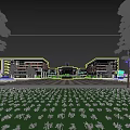 Modern Office Buildings with Central Hall and Red Flag Front Plaza Greenery and People Walking