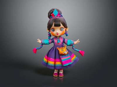 Traditional Woman Doll In Ornate Ethnic Costume With Decorative Headdress Colorful Skirt And Tiger Pouch 3d model