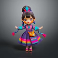 Traditional Woman Doll In Ornate Ethnic Costume With Decorative Headdress Colorful Skirt And Tiger Pouch
