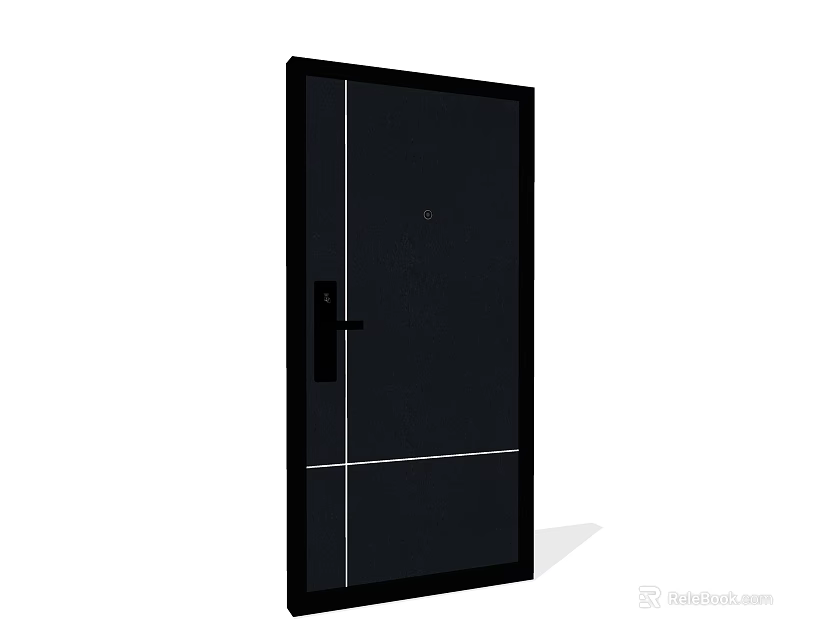 Modern Black Security Door with White Lines Door Handle and Peephole Design 3d model 