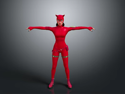 Red Catsuit Costume With Cat Ear Headpiece And Arms Outstretched Standing Pose 3d model
