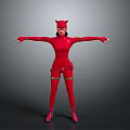 Red Catsuit Costume With Cat Ear Headpiece And Arms Outstretched Standing Pose
