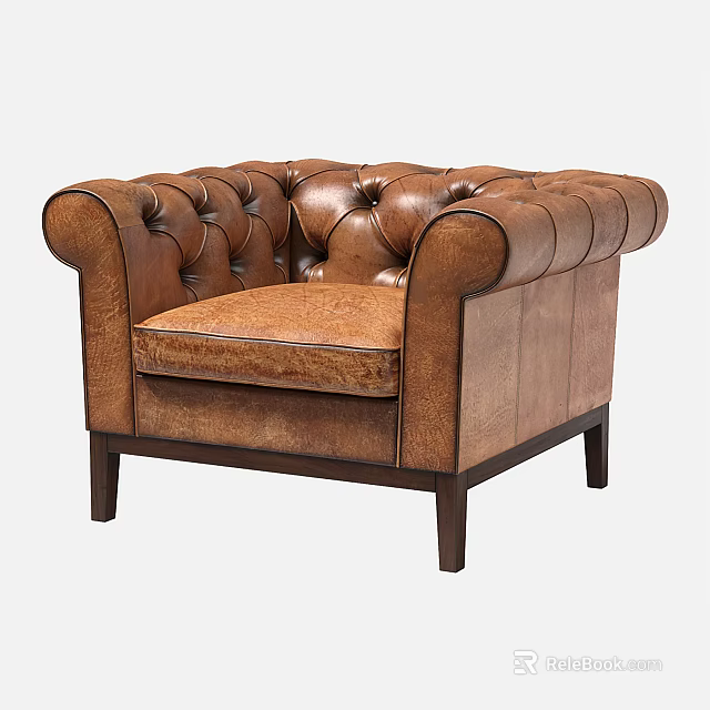 Brown Leather Tufted Single Sofa With Rolled Arms And Wooden Legs 3d model 