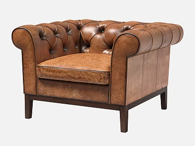 Brown Leather Tufted Single Sofa With Rolled Arms And Wooden Legs 3d model