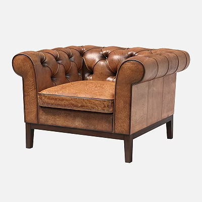 Brown Leather Tufted Single Sofa With Rolled Arms And Wooden Legs 3d model